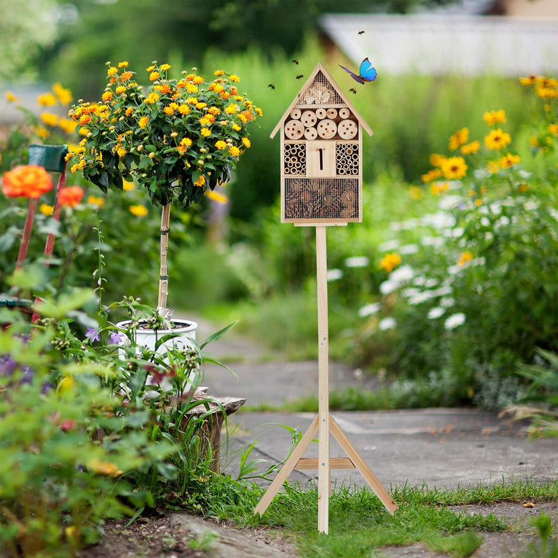 Relaxdays Insektenhotel Haus auf Ständer, Nisthilfe für Garten, Bienenhotel Wildbienen, Holz, HBT: 1