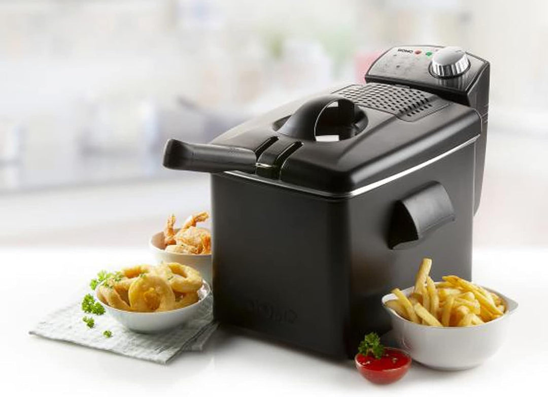 Grosse Kaltzonen Fritteuse Edelstahl in Schwarz, Sichtdeckel & Filter 3200Watt 4,5Ltr.
