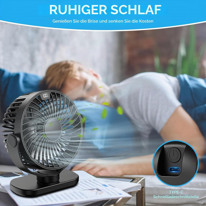Schreibtischventilator, USB, 4 Geschwindigkeitsstufen, super leise, LED-Anzeige, 5000 mAh, Akku, Sch