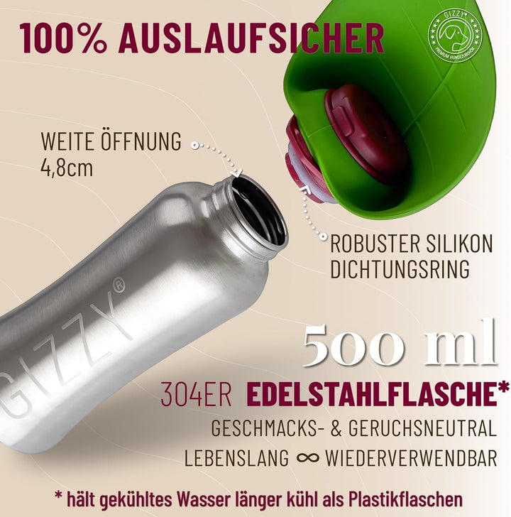 GIZZY® Trinkflasche Hunde für unterwegs - auslaufsicher &amp; robust aus Edelstahl, in 2 Grössen inkl. w