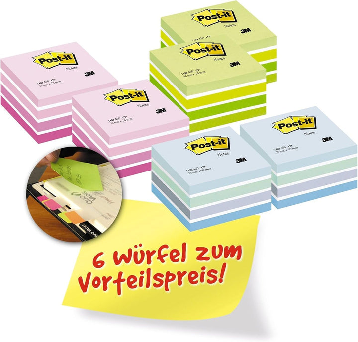 Post-it 2028X6 Haftnotiz Würfel, 76 x 76 mm, 70 g/qm, 2 x pastellblau/pastellgrün/pastellpink, 6x450