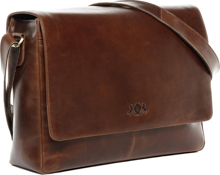 SID & VAIN® Messenger Bag Eton - Unisex Umhängetasche XL gross Ledertasche fit 15.4 Zoll Laptop mit
