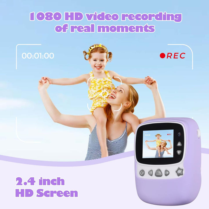 Kinderkamera, 30MP 1080P Sofortbildkamera Kinder Drucken Schwarzweiss Foto mit 2,4 Zoll Bildschirm,