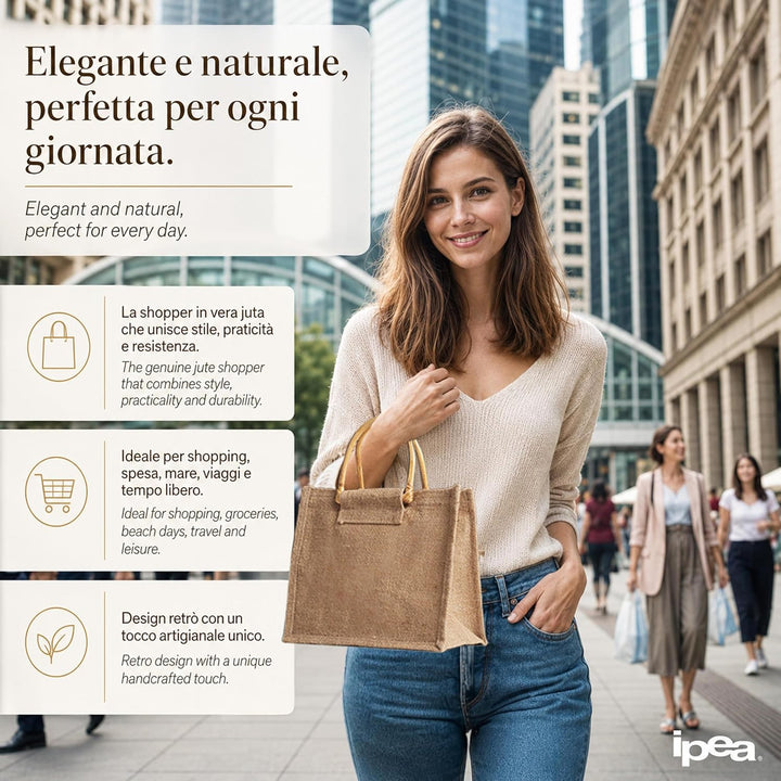 IPEA 2x Jute Tasche mit Holzgriffen zum Einkaufen, Verbringen und für die Freizeit – 2 Stück – Shopp