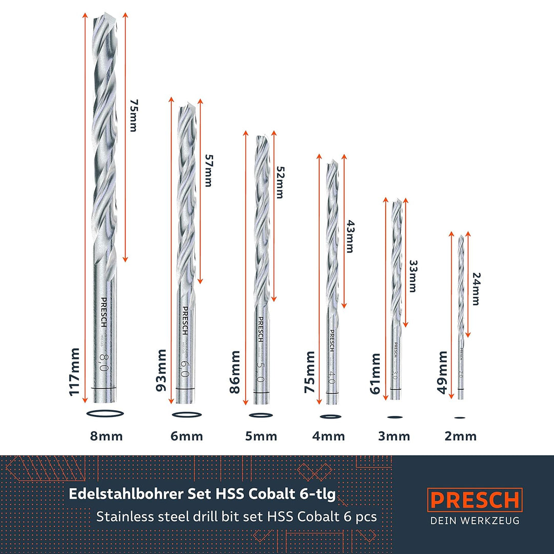 Presch Metallbohrer Set HSS Cobalt 6-tlg - Edelstahl Bohrersatz - Hochwertiges HSS Cobalt Bohrer Set