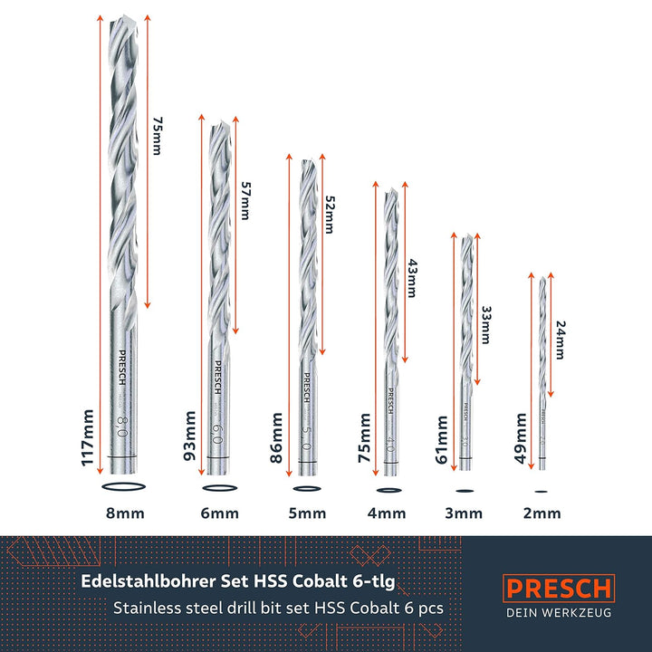 Presch Metallbohrer Set HSS Cobalt 6-tlg - Edelstahl Bohrersatz - Hochwertiges HSS Cobalt Bohrer Set