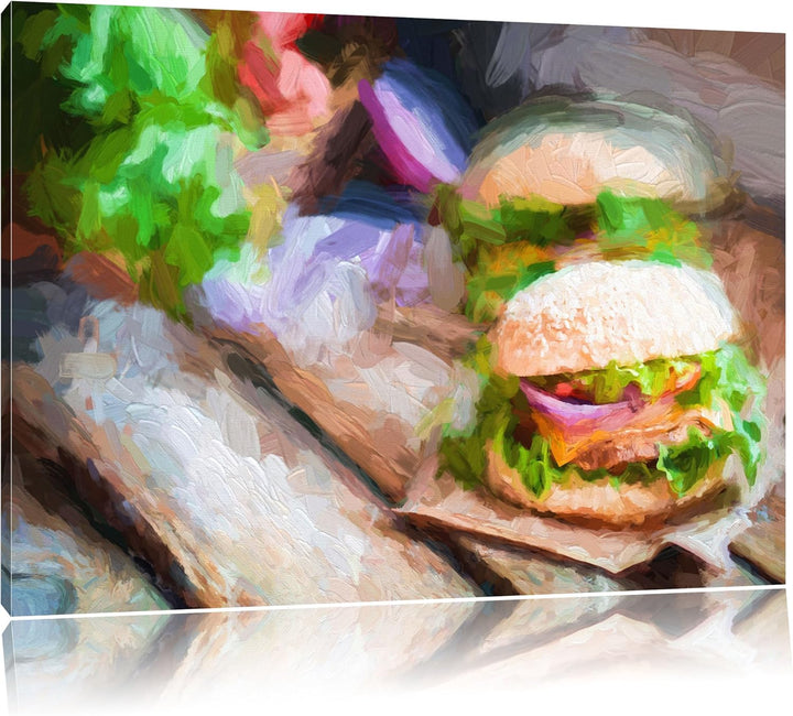 Pixxprint Leckere Burger als Leinwandbild/Grösse: 100x70 cm/Wandbild/Kunstdruck/fertig bespannt, 100
