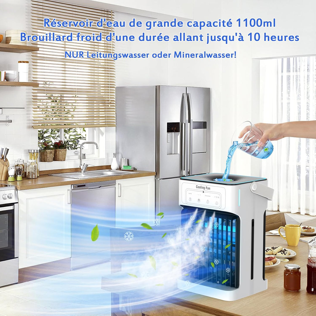 Mobile Klimaanlage,Mini Luftkühler mit Wasserkühlung und 1100ML Wassertank, 3 Luftgeschwindigkeiten