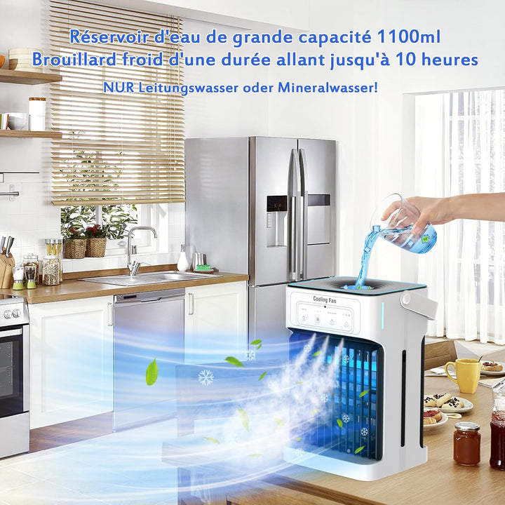 Mobile Klimaanlage,Mini Luftkühler mit Wasserkühlung und 1100ML Wassertank, 3 Luftgeschwindigkeiten