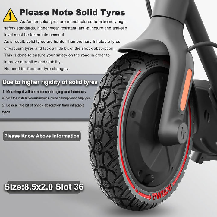 Amitor E Scooter Reifen 8 1/2 x2 Vollgummi, Abriebfeste und Pannensichere Vollgummireifen E Scooter