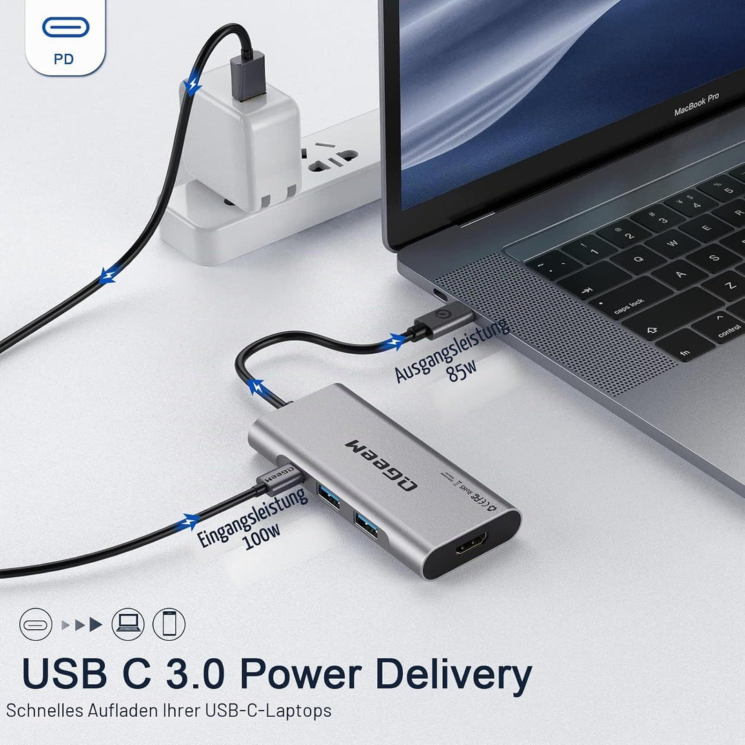 QGeeM USB C Hub, USB C auf HDMI Adapter, 4K 7 in 1 USB C Dongle mit 100W Stromversorgung, 3 USB 3.0