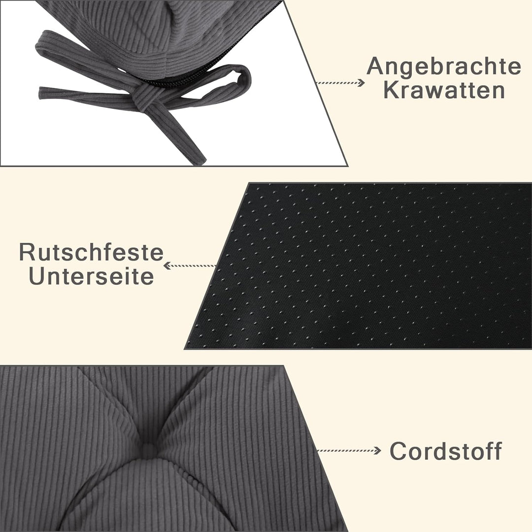Sitzkissen, 2er Set Stuhlkissen aus Cordstoff, Memory Foam mit Doppel-Layer Design, Befestigungsriem