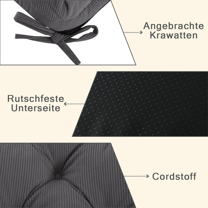Sitzkissen, 2er Set Stuhlkissen aus Cordstoff, Memory Foam mit Doppel-Layer Design, Befestigungsriem