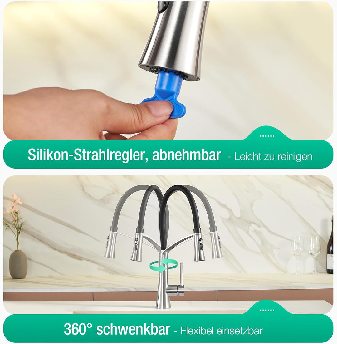 CREA Wasserhahn Küche mit 2 Funktionen Brause, Küchenarmatur mit Ausziehbarer Brause, 360° Drehbare