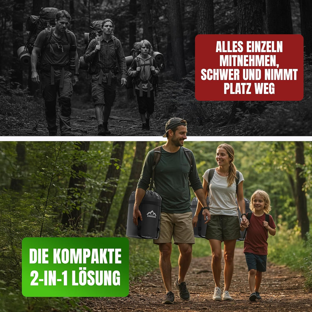 Schlafsack mit integrierbarer Isomatte &amp; Fusspumpe – Outdoor Set für Festival, Trekking und 3-Jahres