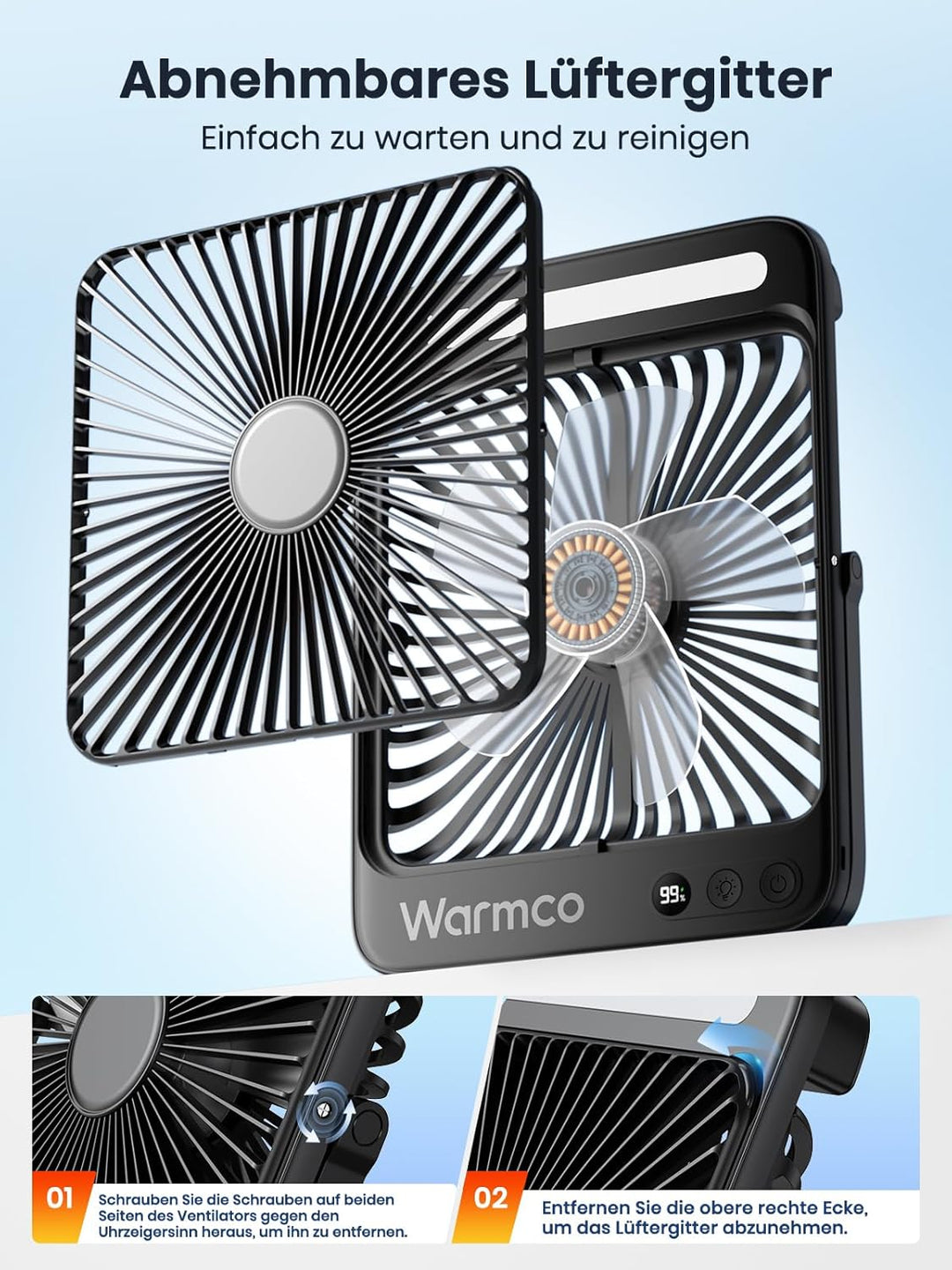 Warmco 20000mAh Tragbarer Camping Ventilator 27cm mit LED-Licht, Ultra-Leise, Dünn, Digitalanzeige,