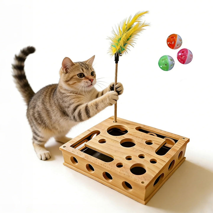 Holz Katzenspielzeug mit Federstab & Glockenbällen, 30 * 25CM Interaktives Kratzpuzzle Spielbox, Kat