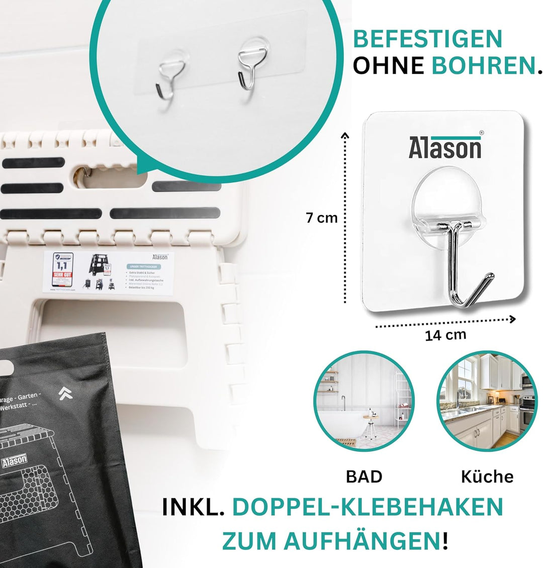 VERGLEICHSSIEGER - Alason Tritthocker Klappbar 22 cm, Belastbar bis 150 kg – Mit Aufhängehaken & Auf