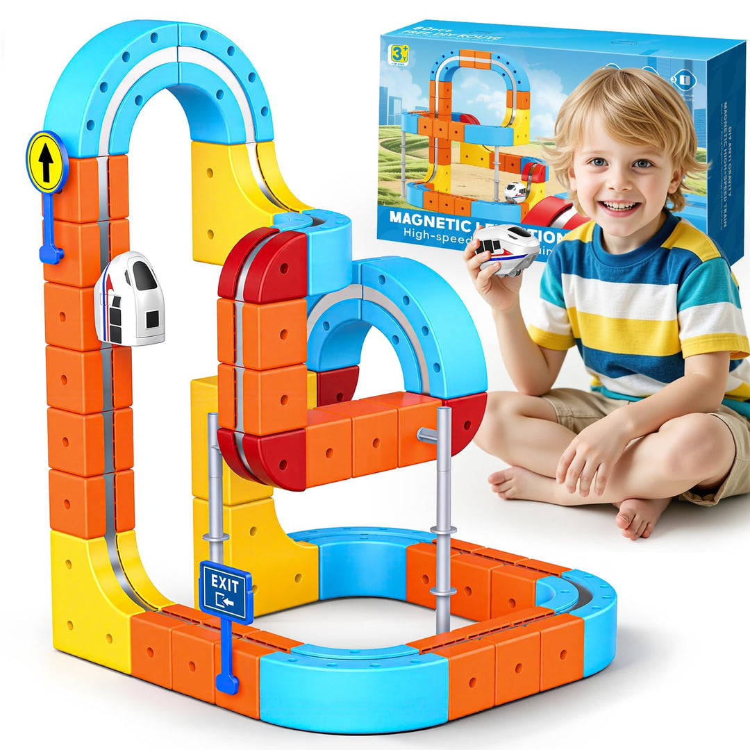 56 Pcs Clickrail Electric Train Set, Geschenk Junge Mädchen 3 4 5 6 7 8 Jahre DIY Cube Track Spielze