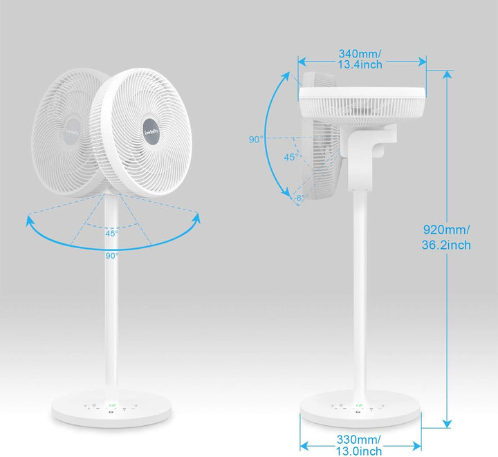DC Motor Standventilator - Ventilator Leise 20dB 3D Oszillierend mit Fernbedienung/Höhe 92cm/6,8m/s/