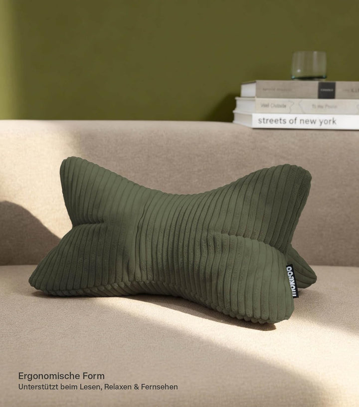 mokebo 'Der Leseknochen' Lesekissen aus weichen Cord-Stoff, ergonomisches Nackenkissen aus gemütlich