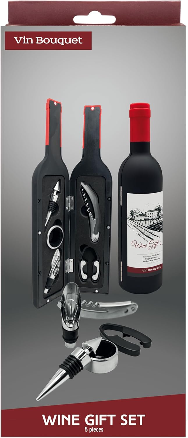 Vin Bouquet Wein-Geschenkset, inkl. Korkcrew, Ausgiesser, Stopper, Folienschneider und Tropfenring,
