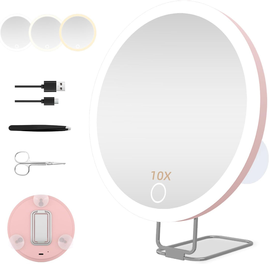 10x Vergrösserungsspiegel mit Licht 10fach, 15cm gross, 3 Farben, dimmbar, beleuchtet, 10x Reiseverg