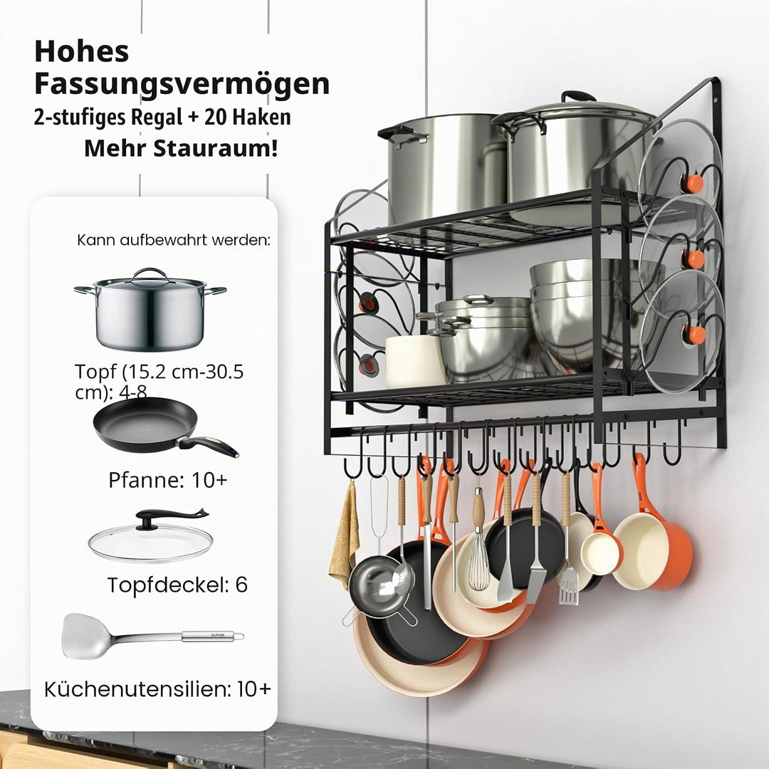 Wandmontierter Topfhalter, 2-stöckiger Topf- und Pfannenhalter mit 20 Haken und 6 Topfdeckelhaltern,