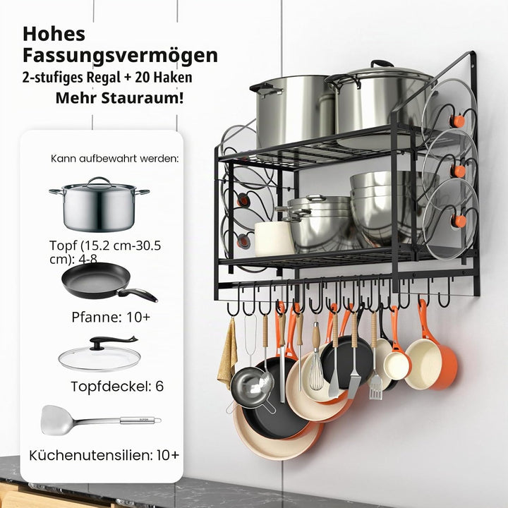Wandmontierter Topfhalter, 2-stöckiger Topf- und Pfannenhalter mit 20 Haken und 6 Topfdeckelhaltern,