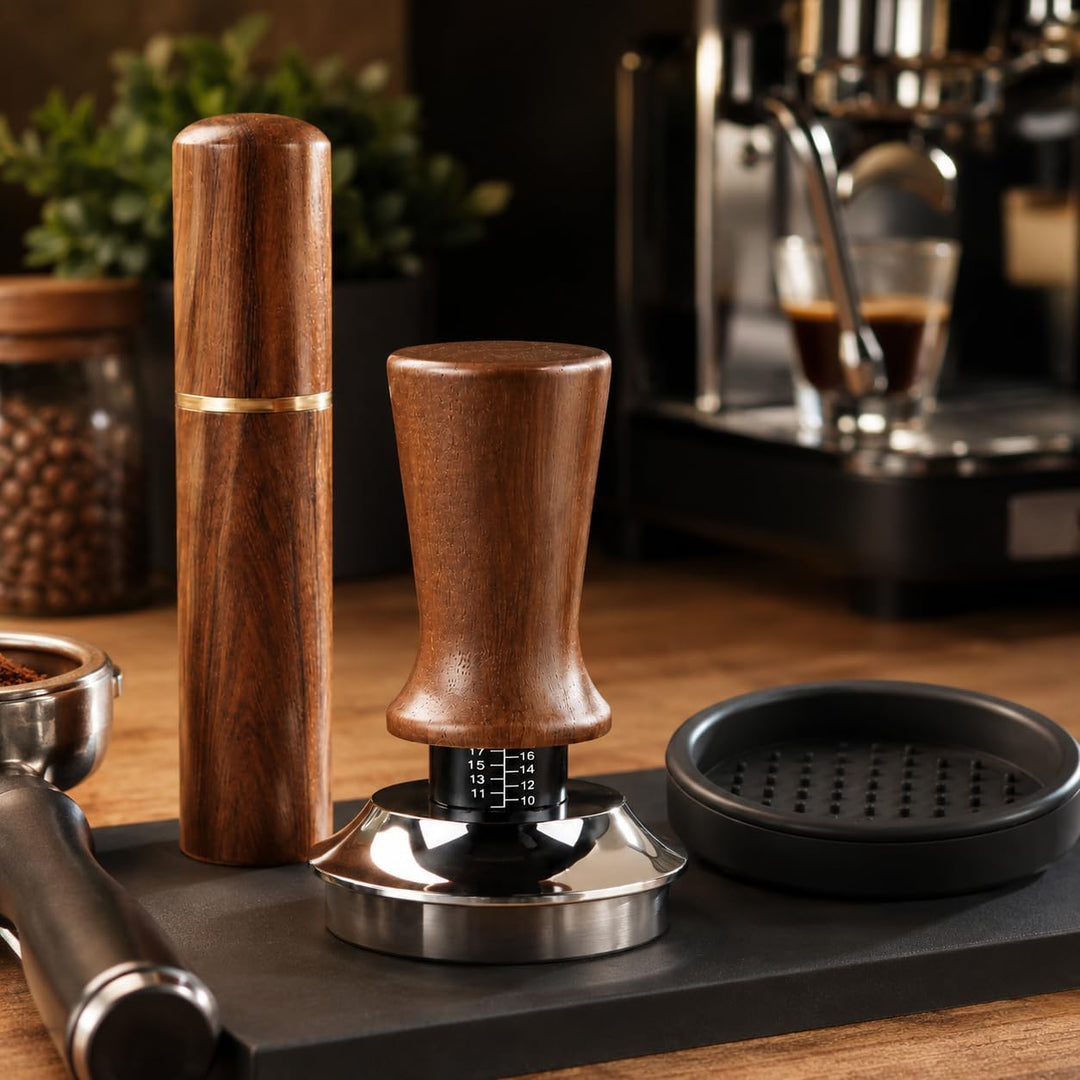 58mm Kaffee Tamper mit Feder & Gewinde-Flachboden, WDT Tool & Tampermatte Set, Manueller Federstampf