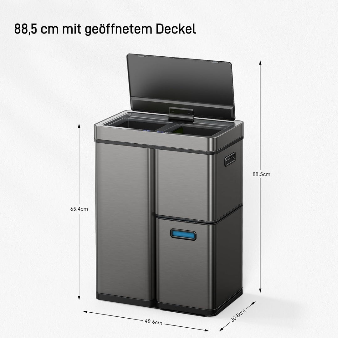 EKO Mirage Plus Mülltrennsystem mit 3 Fächer, 2 x 15 L und 30 L, Recycler Mülleimer mit Sensor, 3 Ku