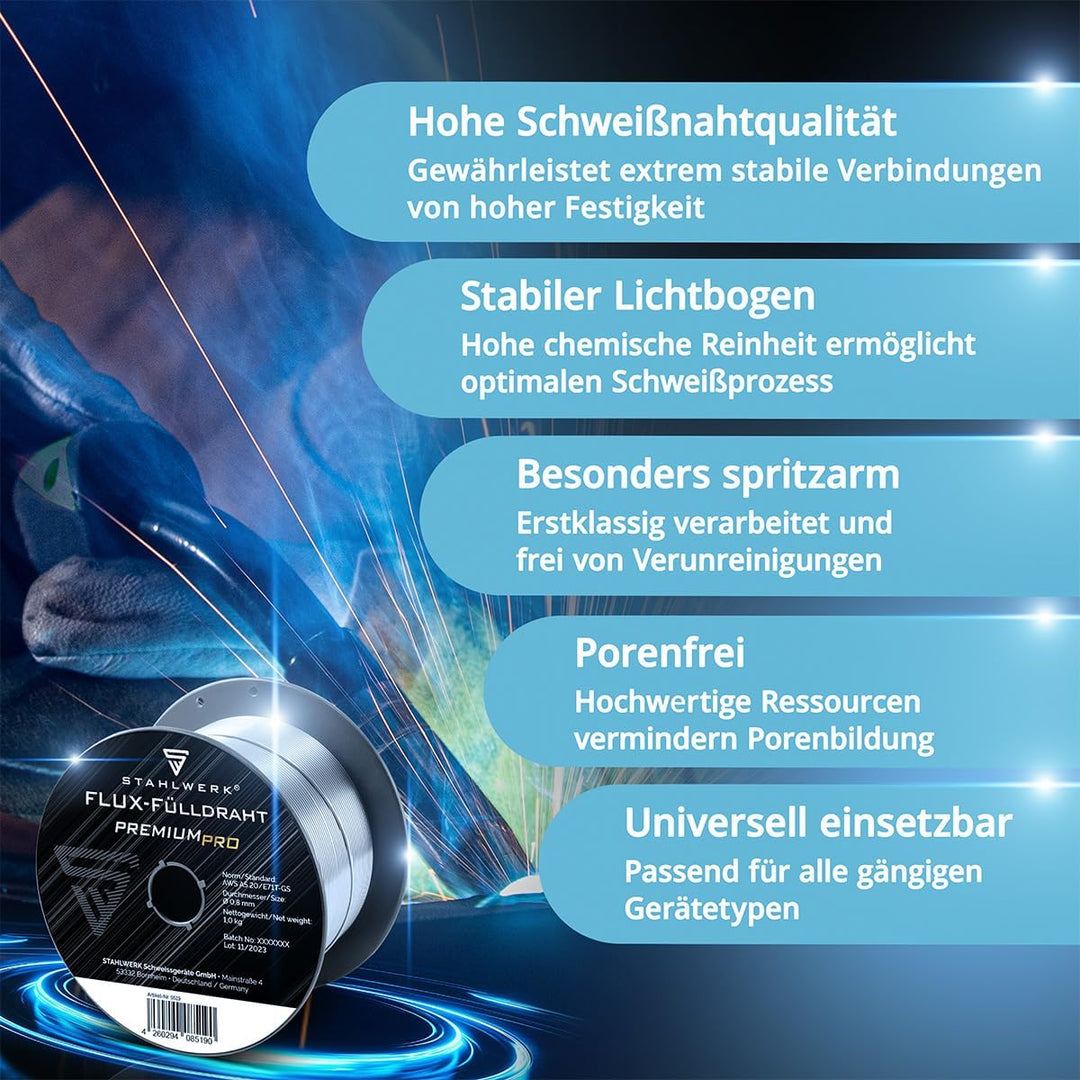 STAHLWERK FLUX Fülldraht Ø 0,8 mm E71T-GS – 2 Stück je 1 kg auf D100-Spulen | für 16 mm Dorn, univer