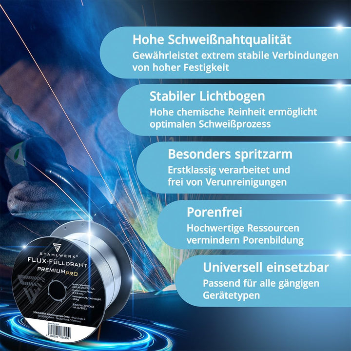 STAHLWERK FLUX Fülldraht Ø 0,8 mm E71T-GS – 2 Stück je 1 kg auf D100-Spulen | für 16 mm Dorn, univer