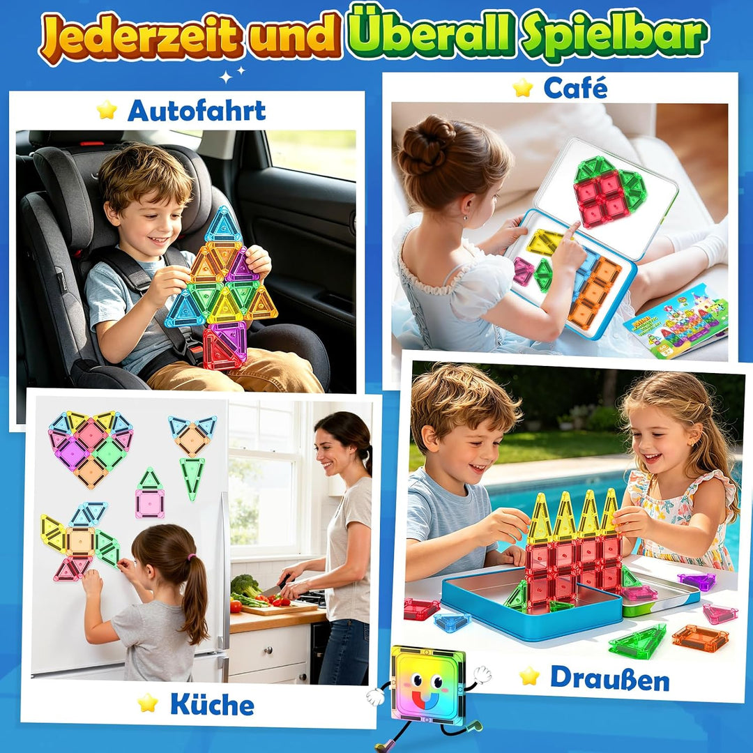 Mini Magnetische Bausteine Reiseset 60PCS mit Metallbox, STEM Lernspielzeug | Tragbares Reisespielze