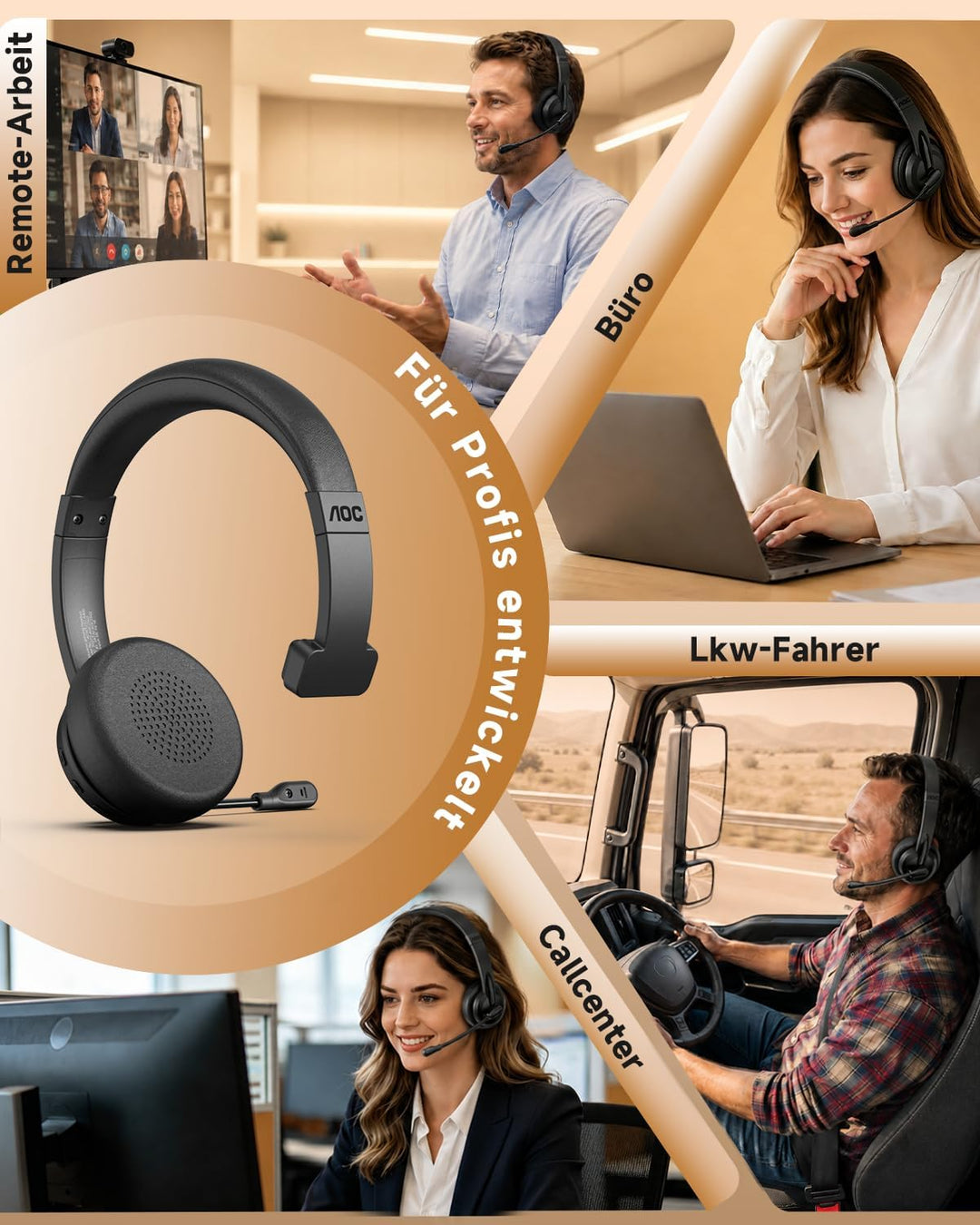 AOC 3-in-1 Bluetooth Headset mit Mikrofon Mono Headset Kabellos 2.4G Dongle | Bluetooth Headset mit