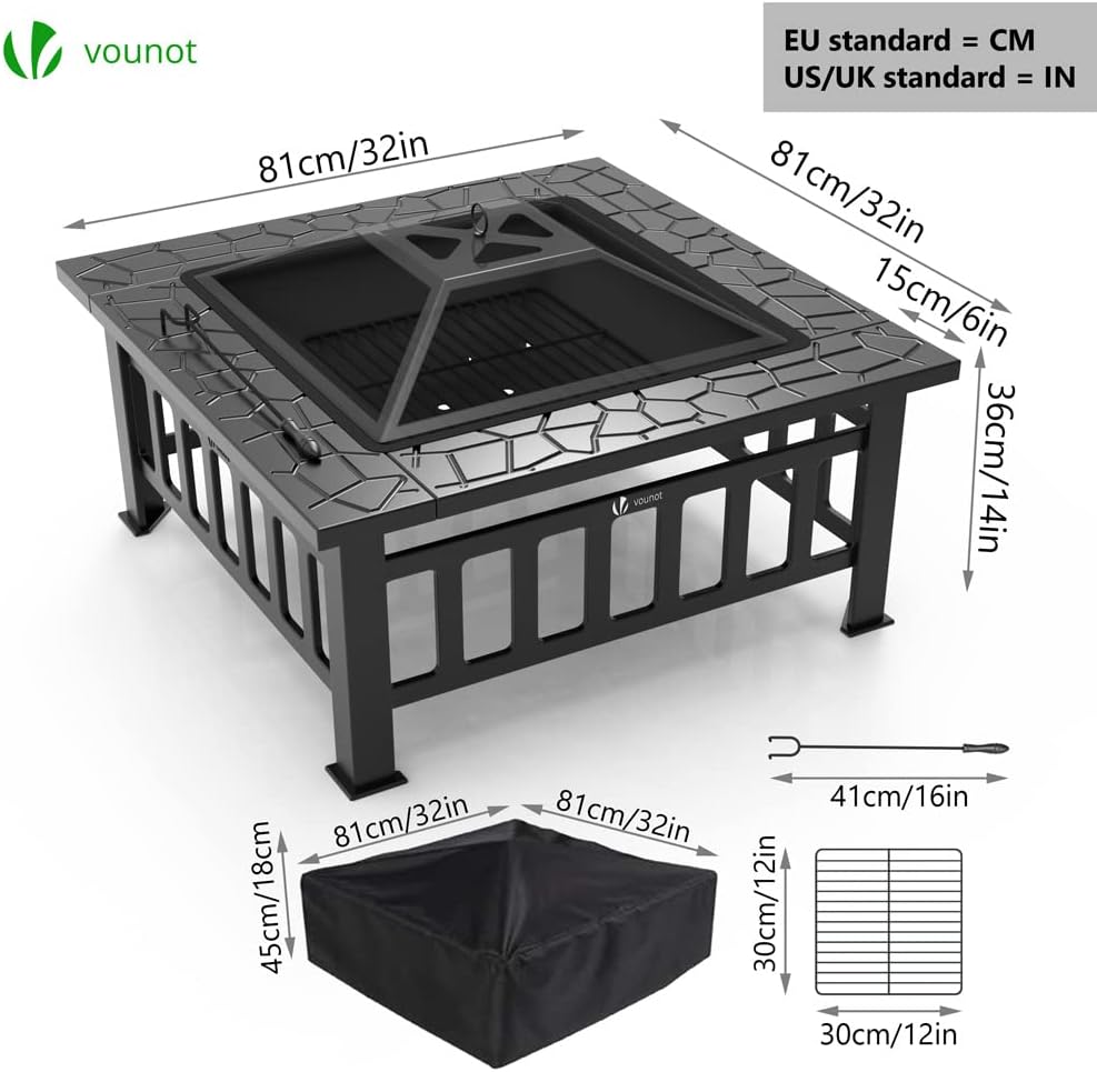 VOUNOT Feuerschale mit Funkenschutz und Grillrost, Feuerstelle Feuerkorb für Garden Terrasse Heizung
