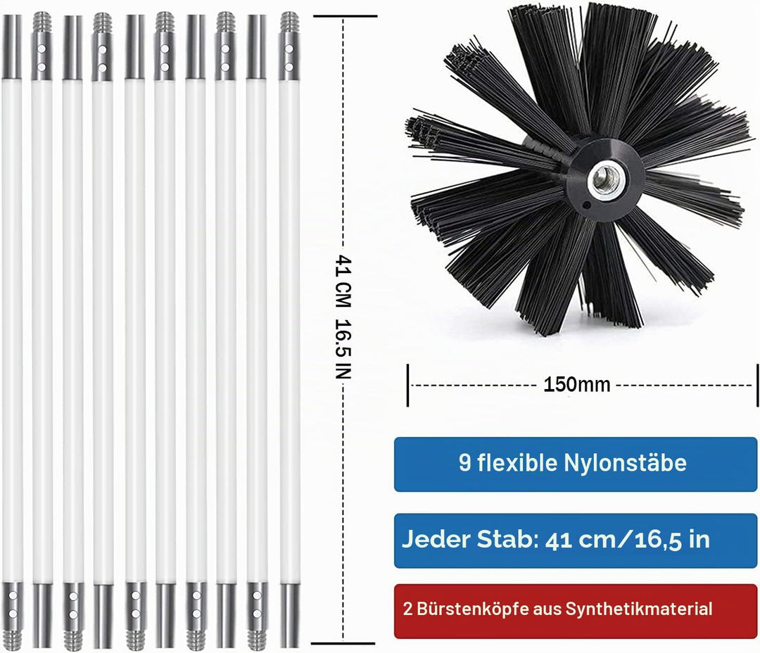 Kaminbürste Stange Set, Durchmesser 150mm, Kaminbürste enthält 9 Flexible Stangen 410mm und 2 Bürste