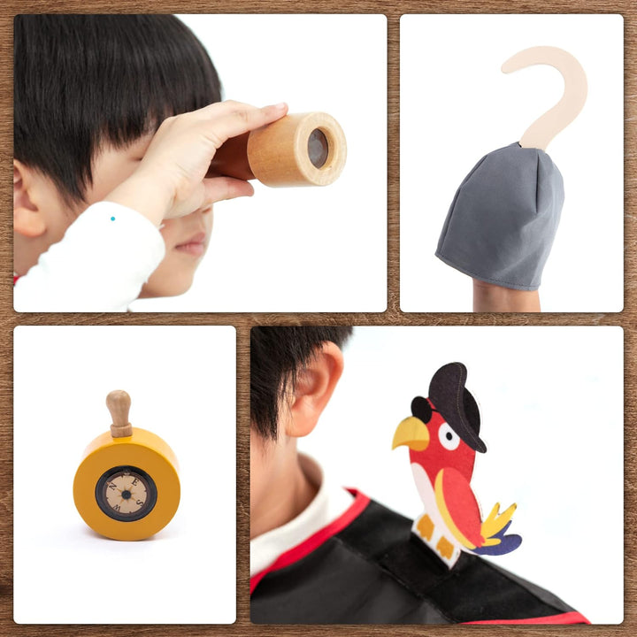 UMU® Kinder Holz Piraten Spielset mit Piratenkostüm inkl. Piratenumhang, Augenklappe, Papagei, Schat