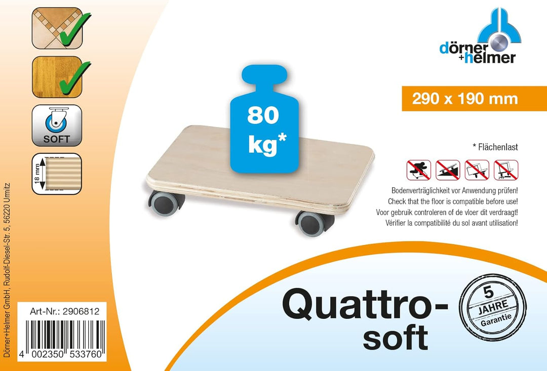 Dörner + Helmer Transportroller Quattro-Soft, 290mm x 190mm x 70mm, 80kg Tragkraft, Doppelrollen, fü