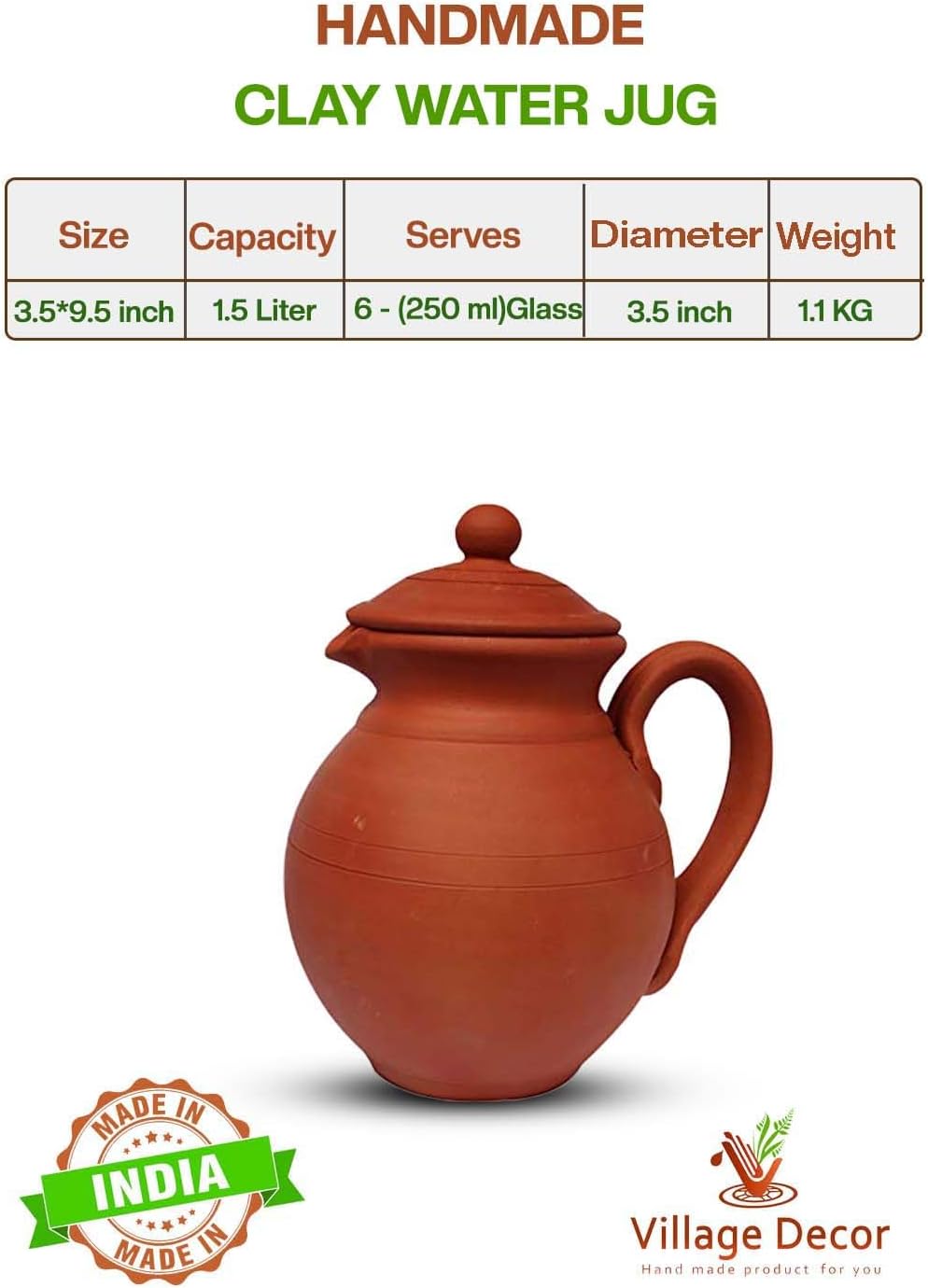 Village Decor Handgefertigter irdener Lehm-Wasserkrug mit Deckel | Tonkrug 100 oz 3000 ml