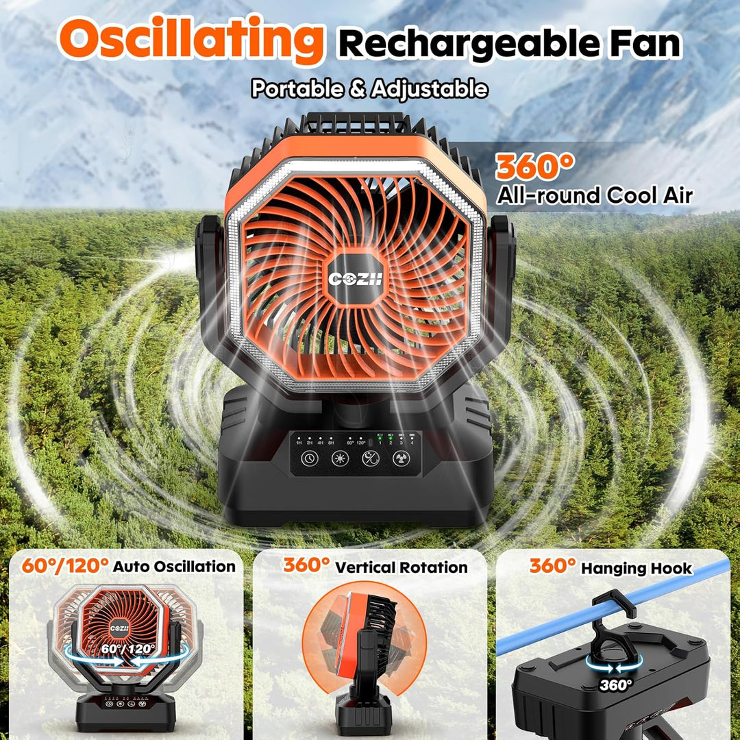 COZII Camping Ventilator 20000mAh, USB Ventilator Akku Tischventilator Oszillierend mit LED Licht, F