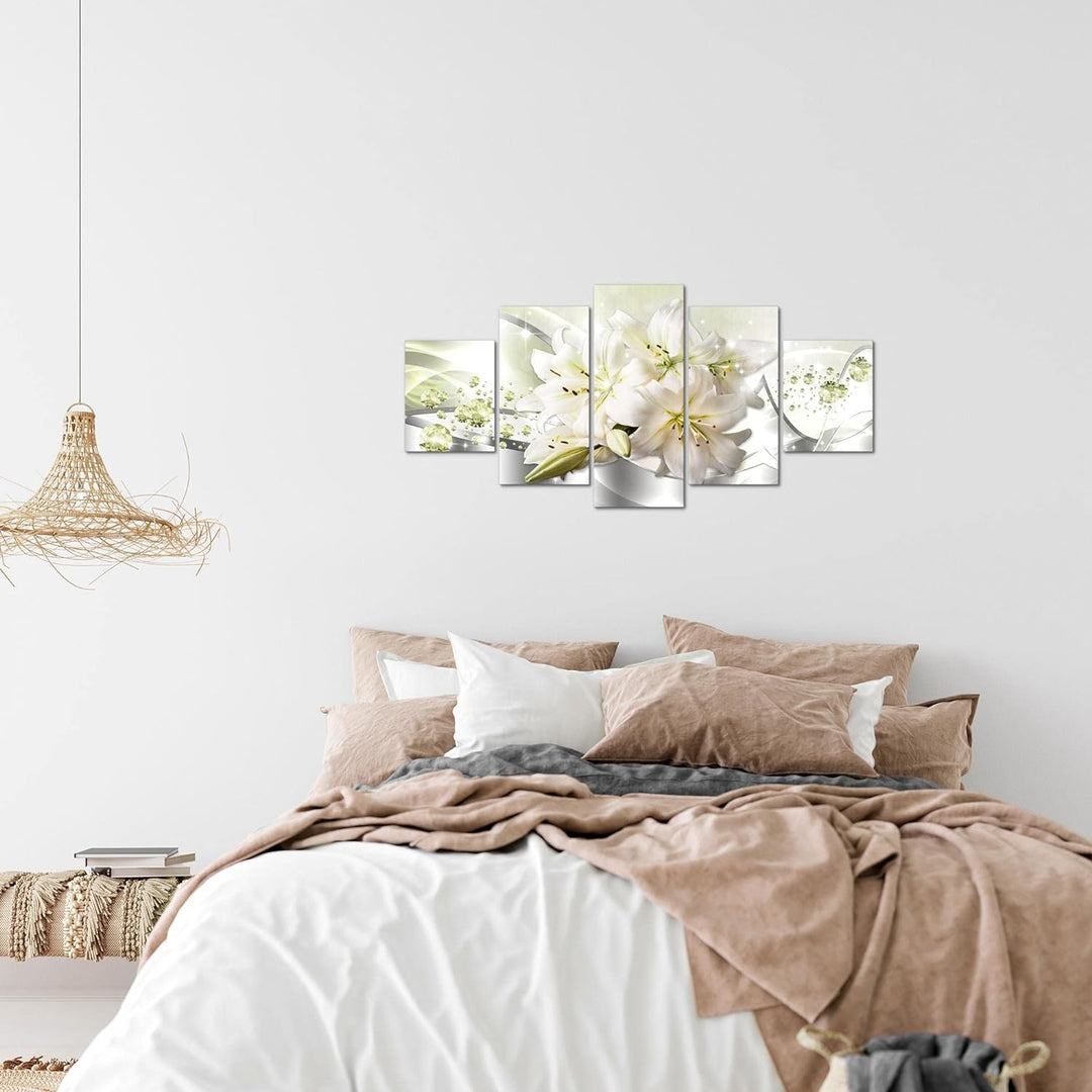 Runa Art Wandbilder Blumen Lilien 5 Teilig Bild auf Vlies Leinwand Deko Wohnzimmer Abstrakt Grau Grü