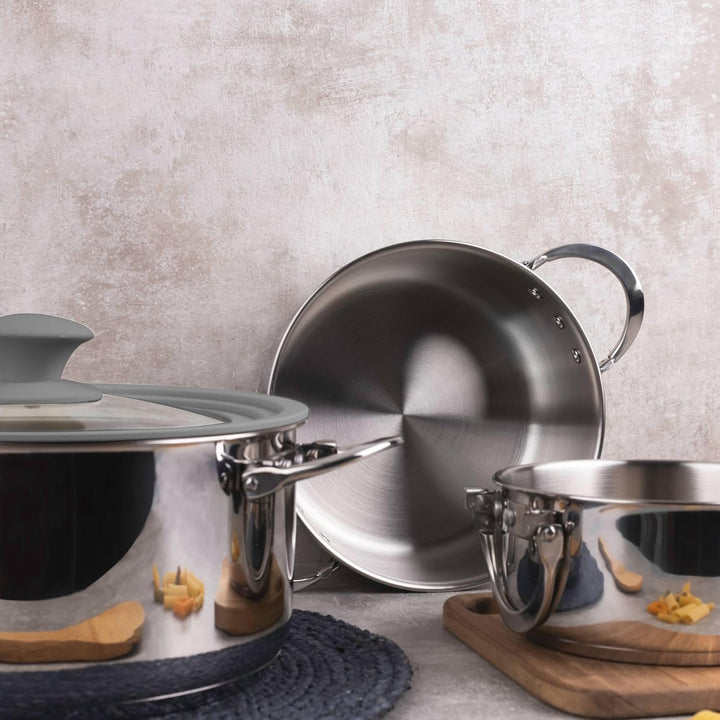 MasterPRO Foodies - Küchenbatterie - 4 -Stück -Set mit 4, 20 und 24 cm Pfannen und Glasdeckel - Herg