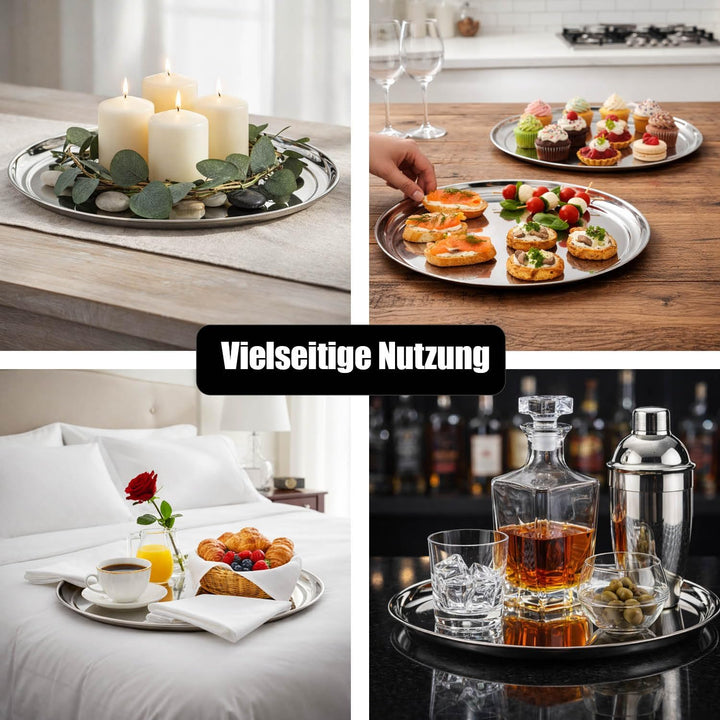com-four® 4X Servier-Tablett aus Edelstahl Ø 33 cm - rundes Gastro-Tablett - Edelstahl Servierplatte