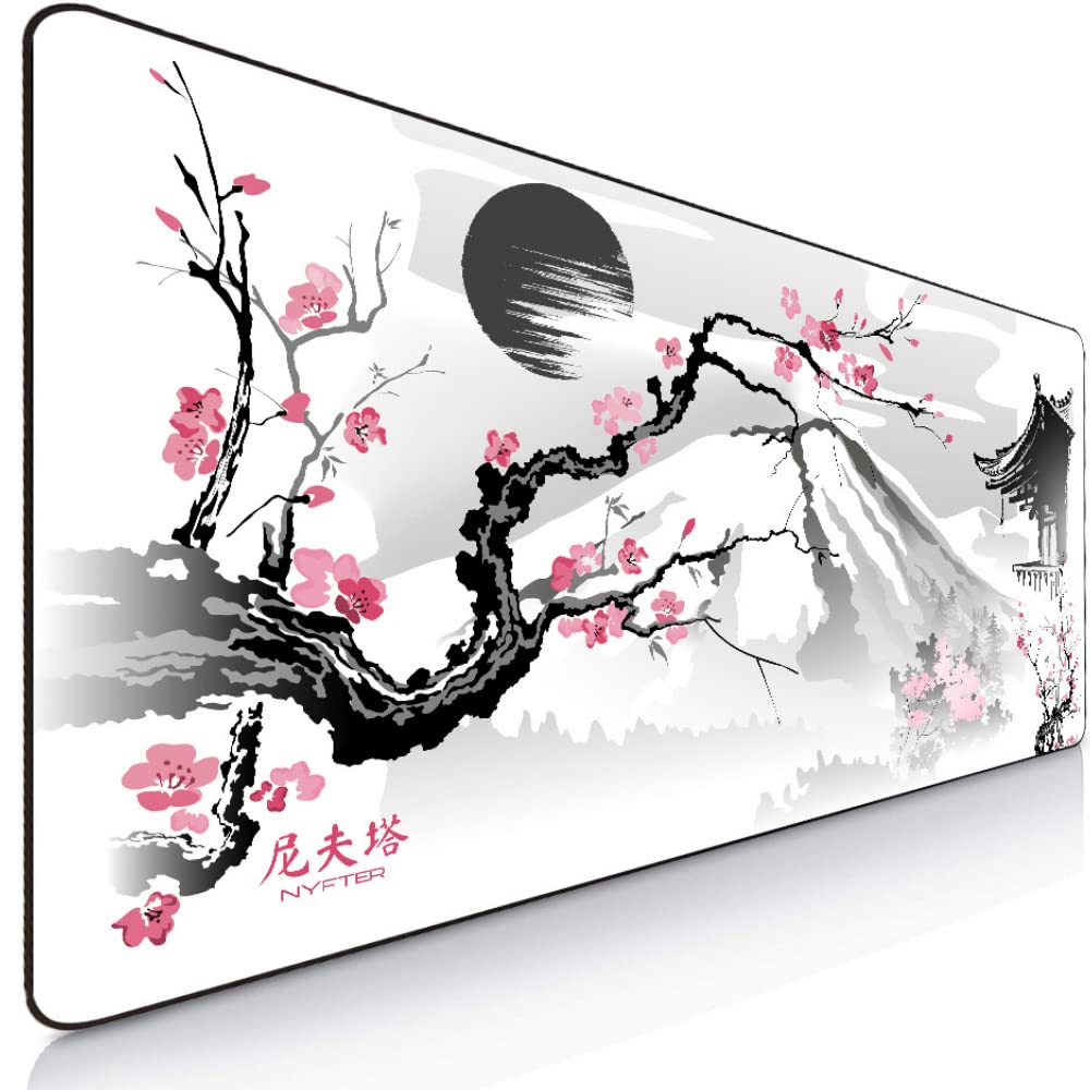 Nyfter - 3XL Gaming Mauspad Sakura Weiss 1200 x 600mm Premium Fuji Mousepad Size Gross vernähte Kant