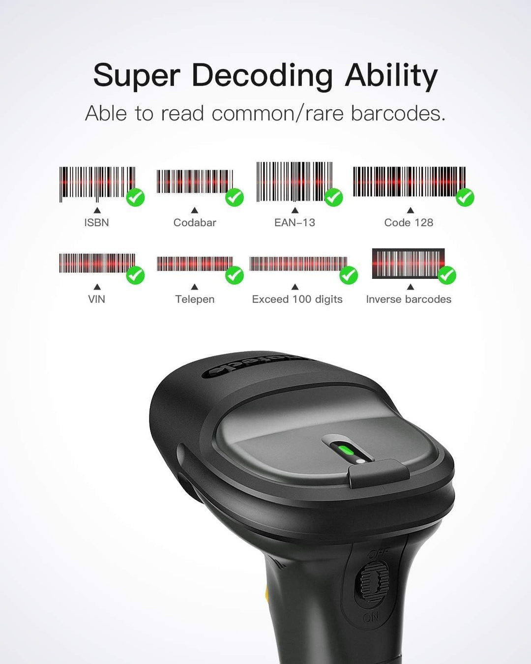Inateck Barcode Scanner Bluetooth, 1D Wirless Barcode Scanner, 100M Übertragungsreichweite 2,4GHz, 2