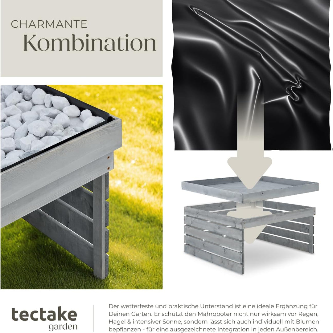 tectake® Mähroboter Garage, Holz Unterstand für Rasenmähroboter, mit Pflanzkasten, wetterfest, Rasen