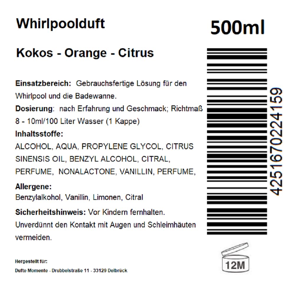 Dufte Momente | Whirlpool Duft 500ml | Kokos - Orange - Citrus | mit naturreinen und natürlichen äth