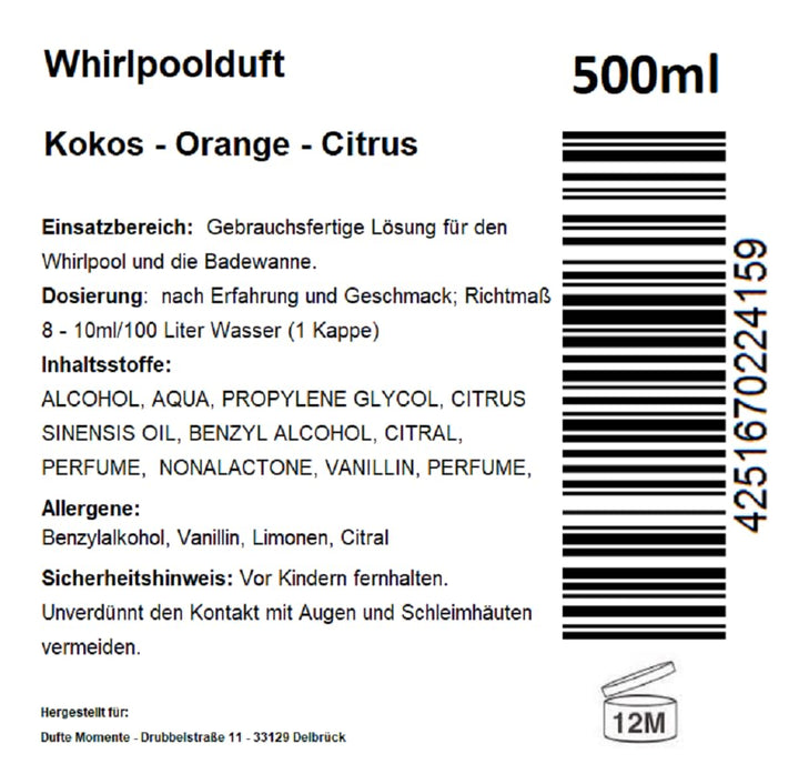 Dufte Momente | Whirlpool Duft 500ml | Kokos - Orange - Citrus | mit naturreinen und natürlichen äth