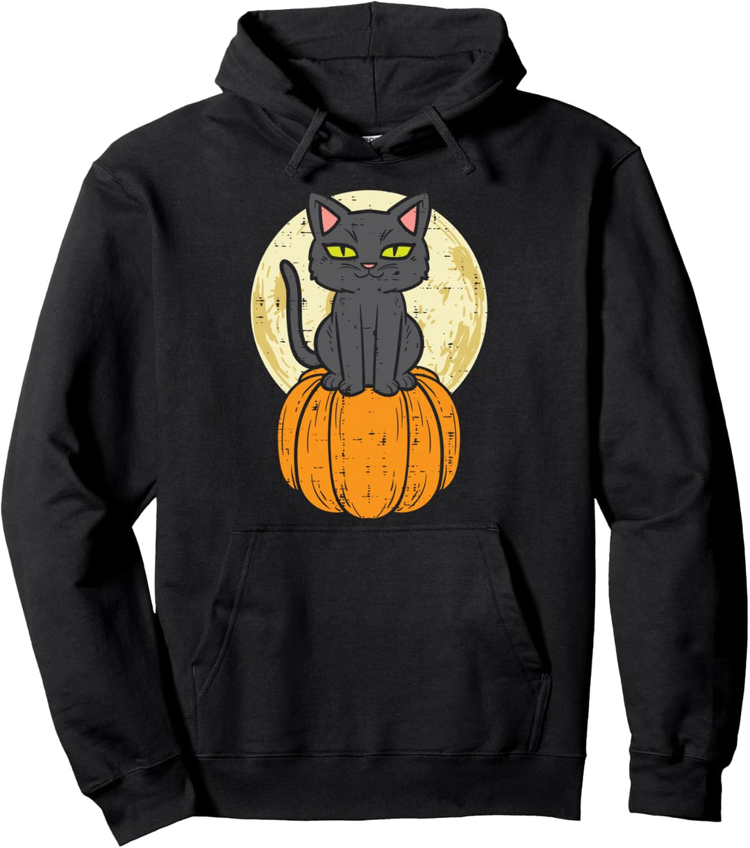 Schwarze Katze auf Kürbis Vollmond Halloween Haustier Männer Frauen Kinder Pullover Hoodie